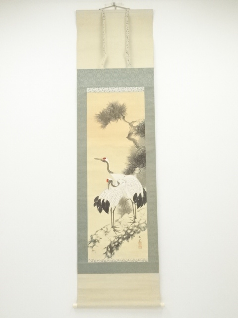 JAPANESE HANGING SCROLL / HAND PAINTED / CRANES & PINE TREE